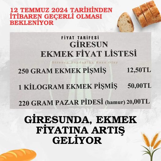 Giresunda ekmek fiyatı