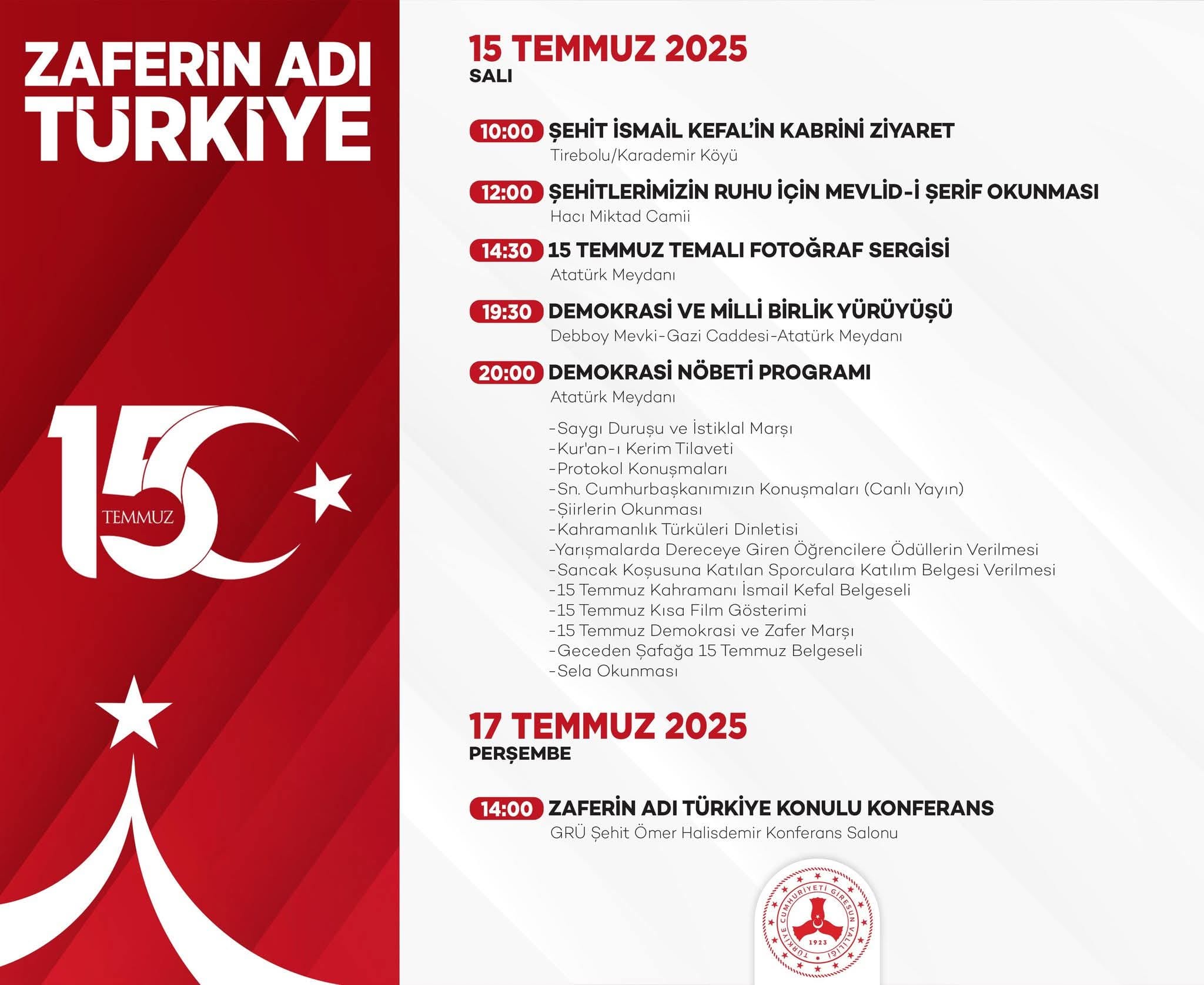 15 Temmuz Demokrasi ve Millî Birlik Günü Programı Belli Oldu