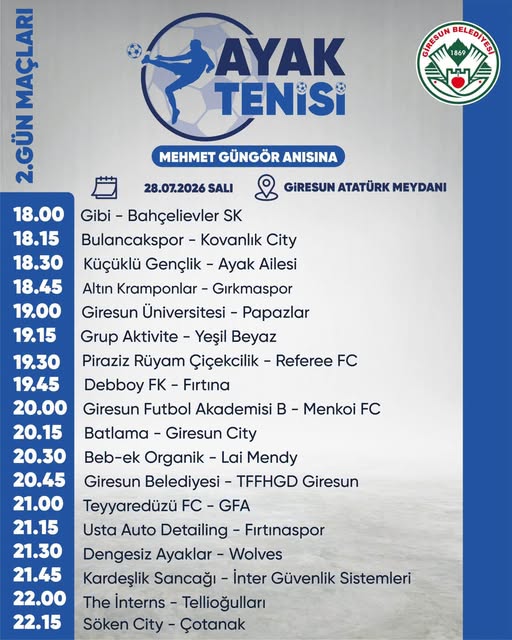 Ayak Tenisi Turnuvası 2. Gün Fikstürü