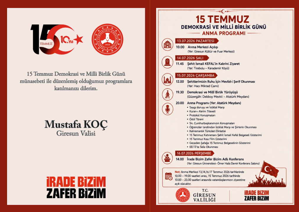 15 Temmuz Demokrasi ve Millî Birlik Günü Anma Programlarına Davet