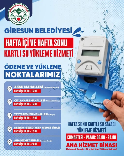 KARTLI SU SAYACI YÜKLEME NOKTALARI VE HİZMET SAATLERİ