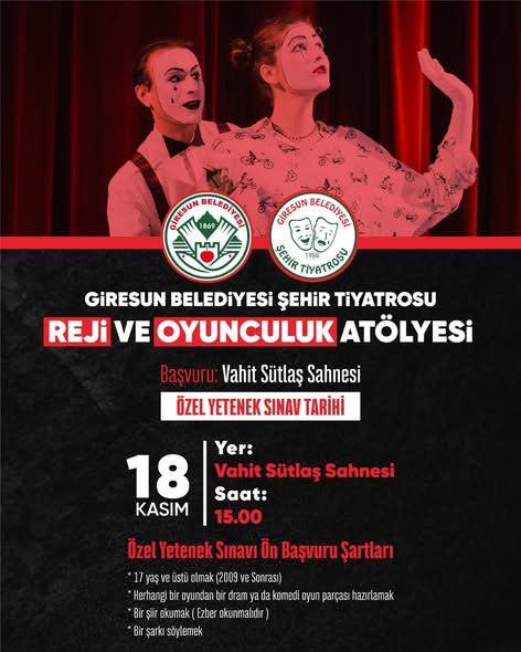 GİRESUN BELEDİYESİ ŞEHİR TİYATROSU’NDAN GENÇLERE OYUNCULUK VE REJİ ATÖLYESİ, ÇOCUKLARA DRAMA KURSU