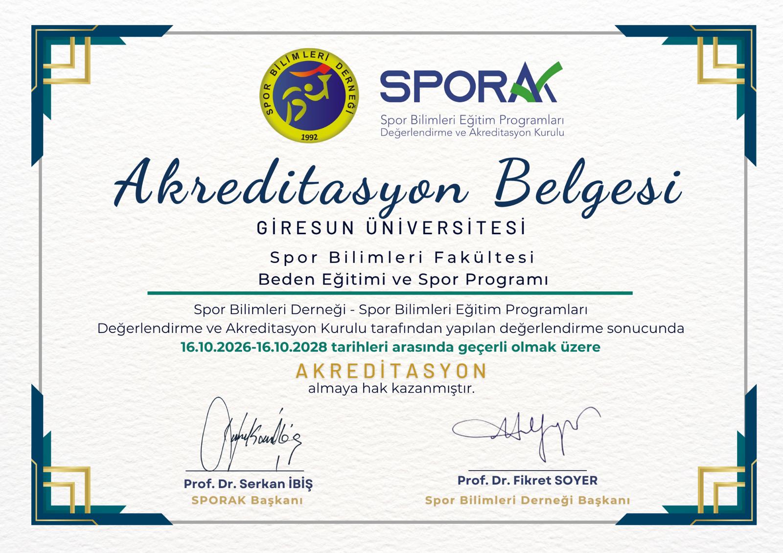 Giresun Üniversitesi Spor Bilimleri Fakültesi Beden Eğitimi ve Spor Programı SPORAK Tarafından Akredite Edildi